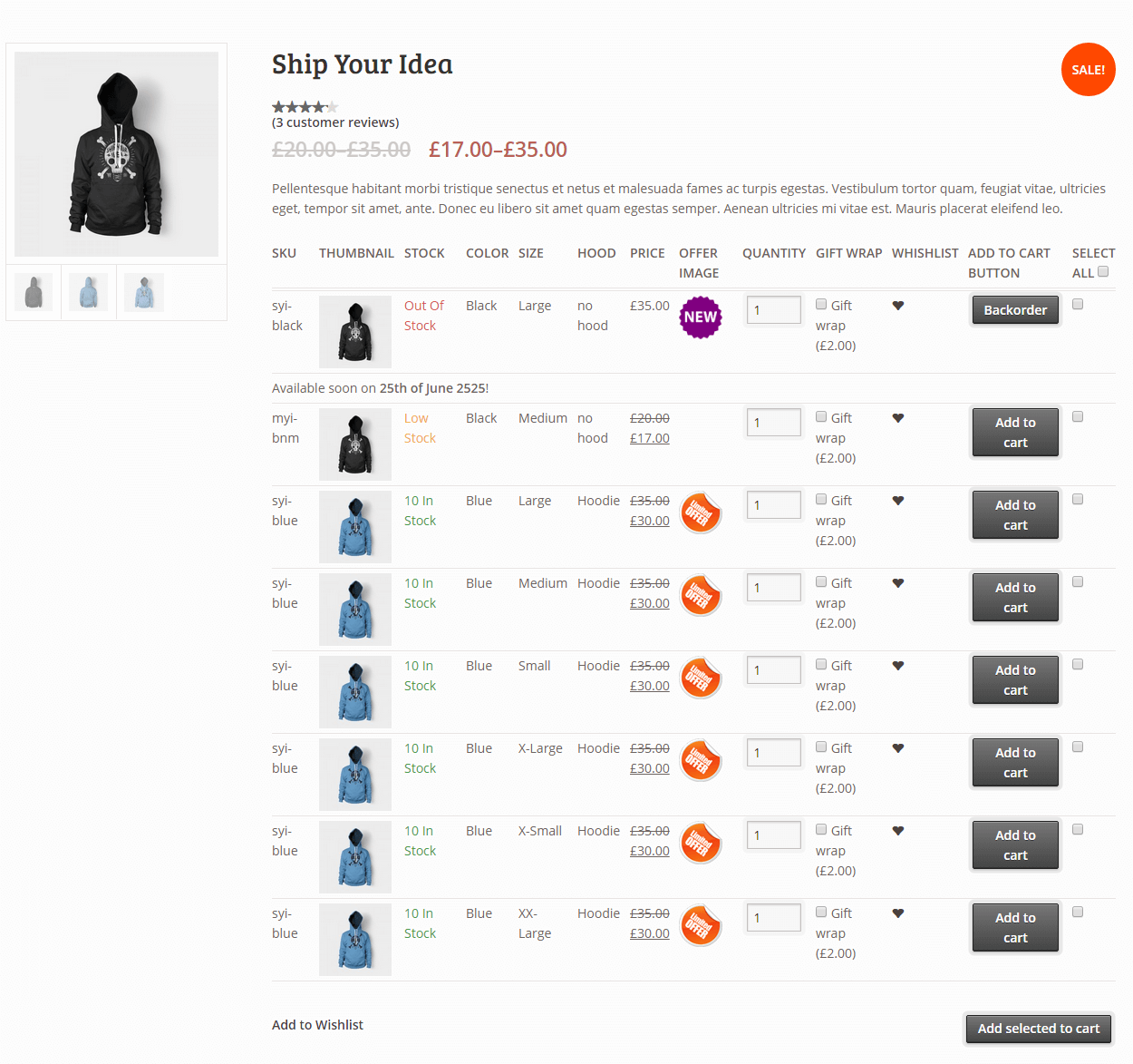 woocomerce variations to table - grid plugin