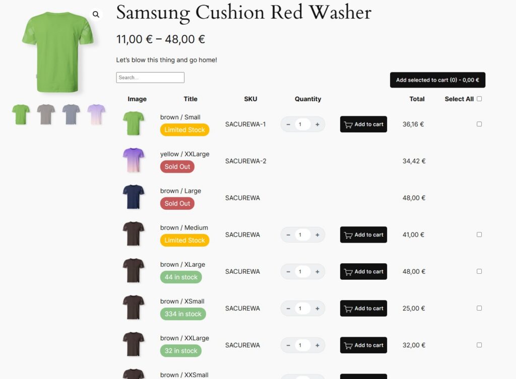 WooCommerce Variations to Table - Grid single product screenshot